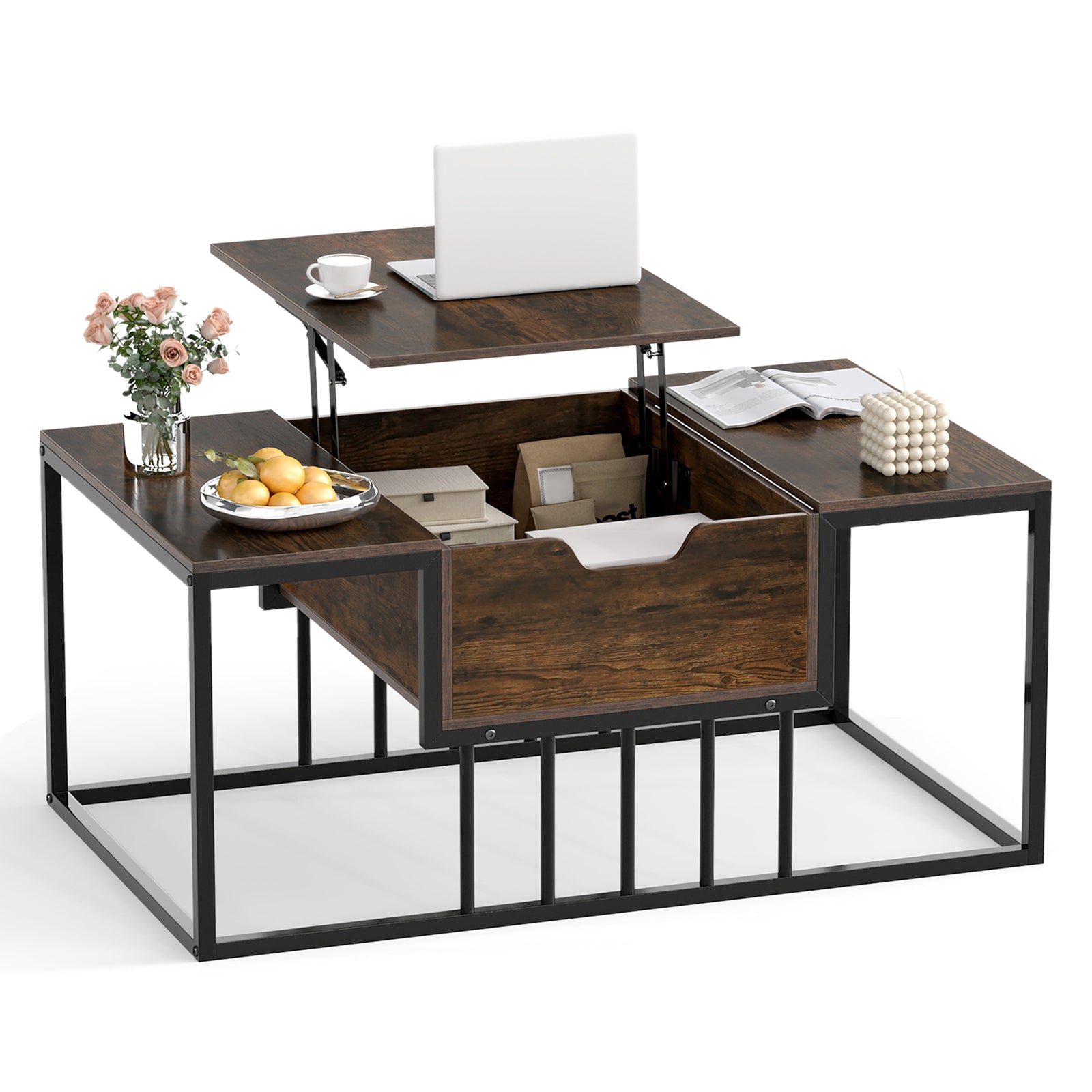 Lift Top Coffee Table Modern Center Table with Hidden Storage Compartment-Rusitc Brown