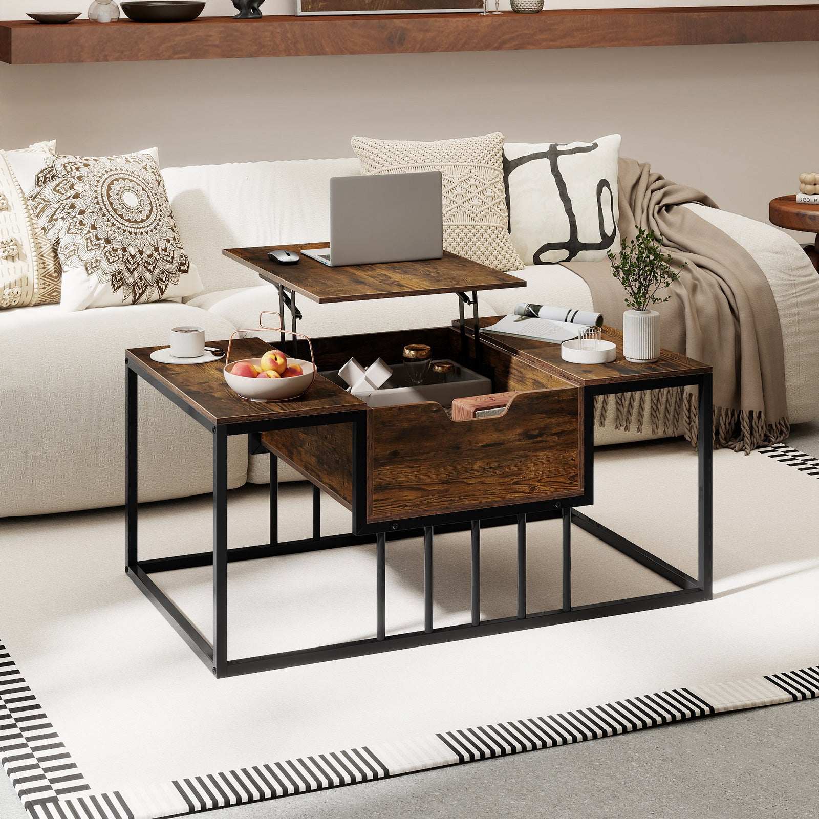Lift Top Coffee Table Modern Center Table with Hidden Storage Compartment-Rusitc Brown