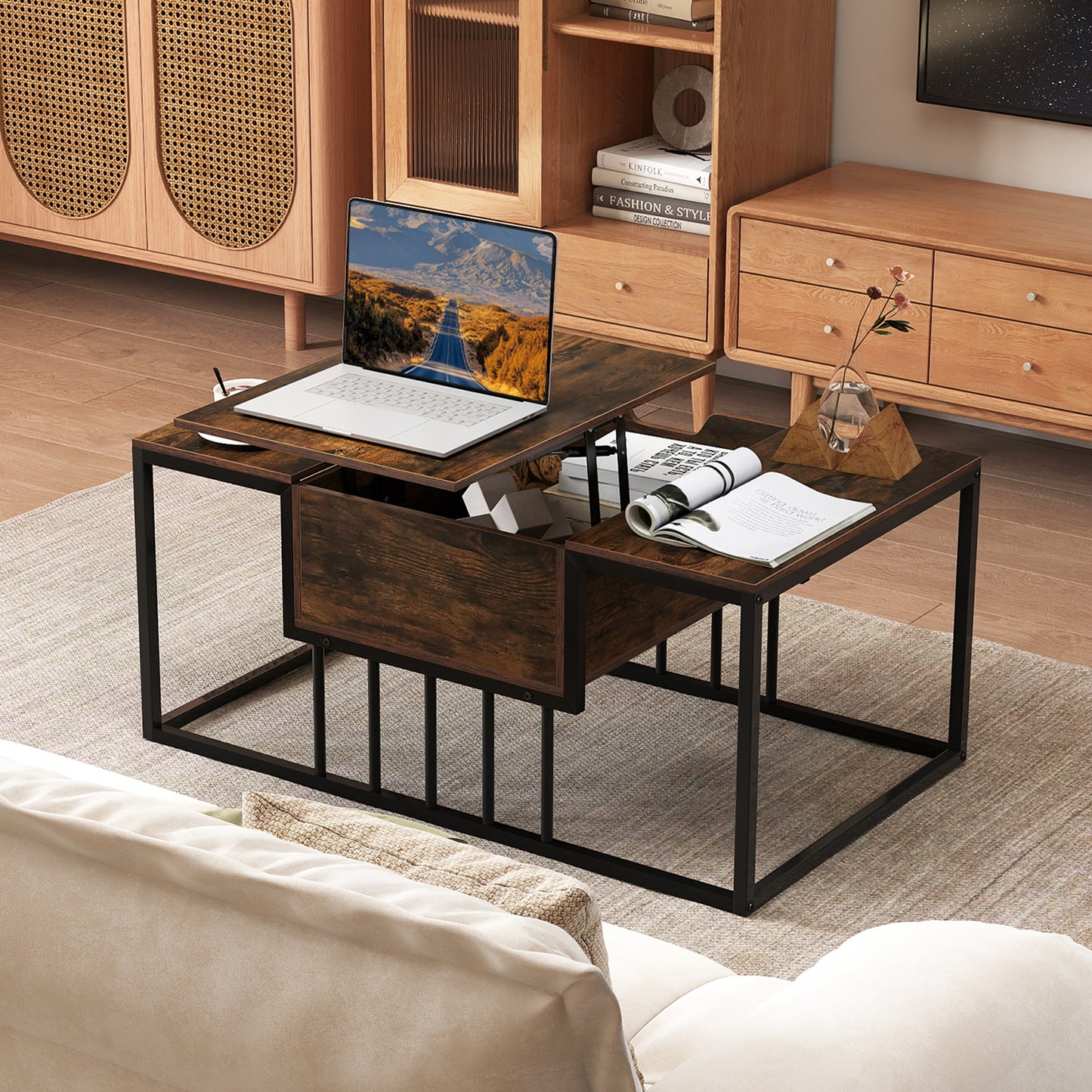 Lift Top Coffee Table Modern Center Table with Hidden Storage Compartment-Rusitc Brown