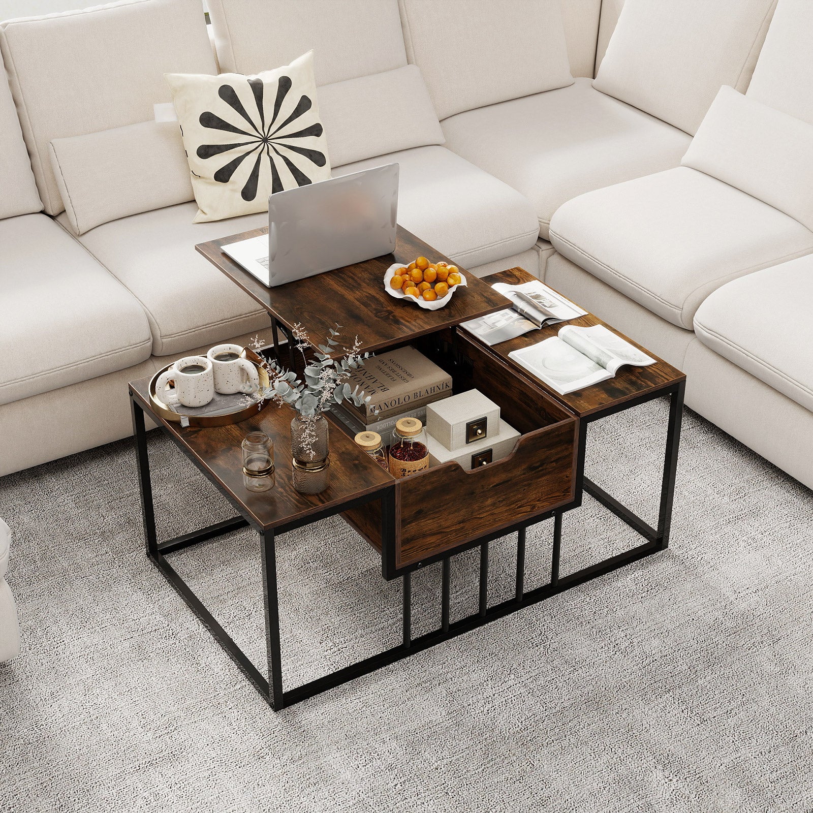Lift Top Coffee Table Modern Center Table with Hidden Storage Compartment-Rusitc Brown