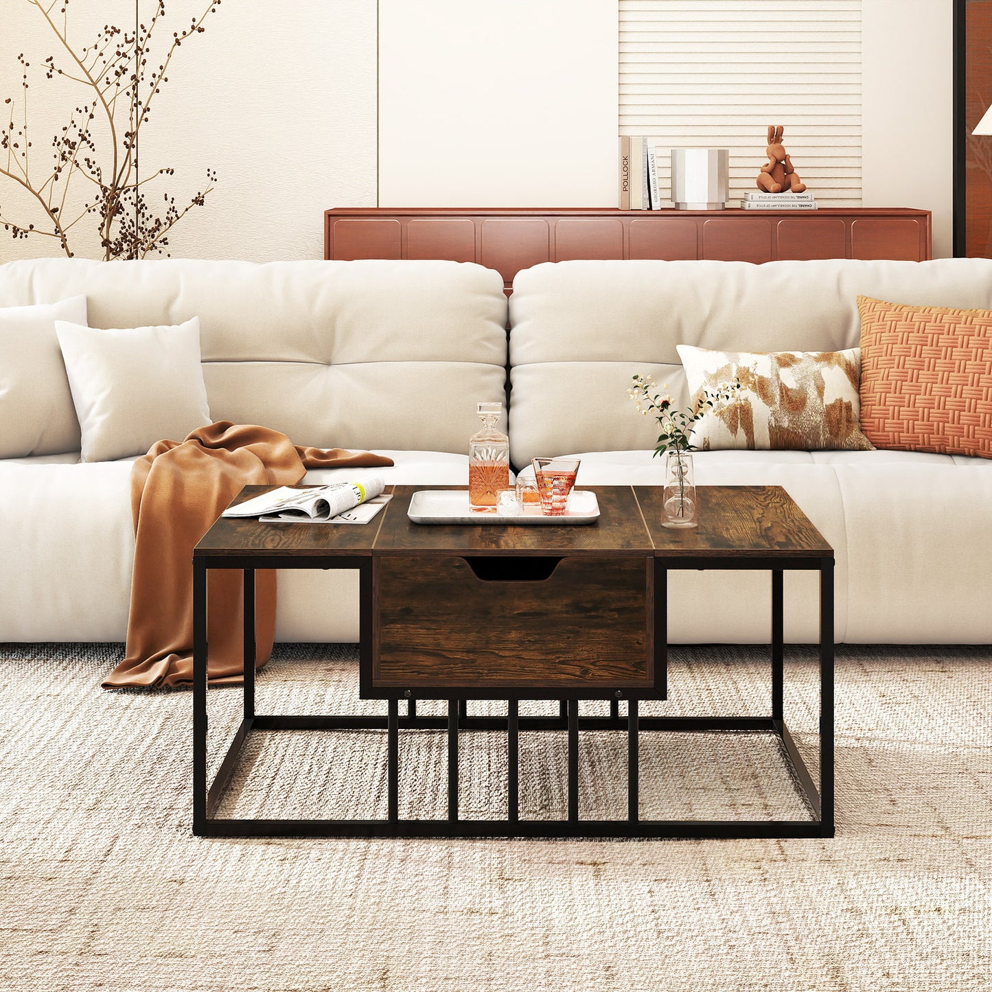 Lift Top Coffee Table Modern Center Table with Hidden Storage Compartment-Rusitc Brown
