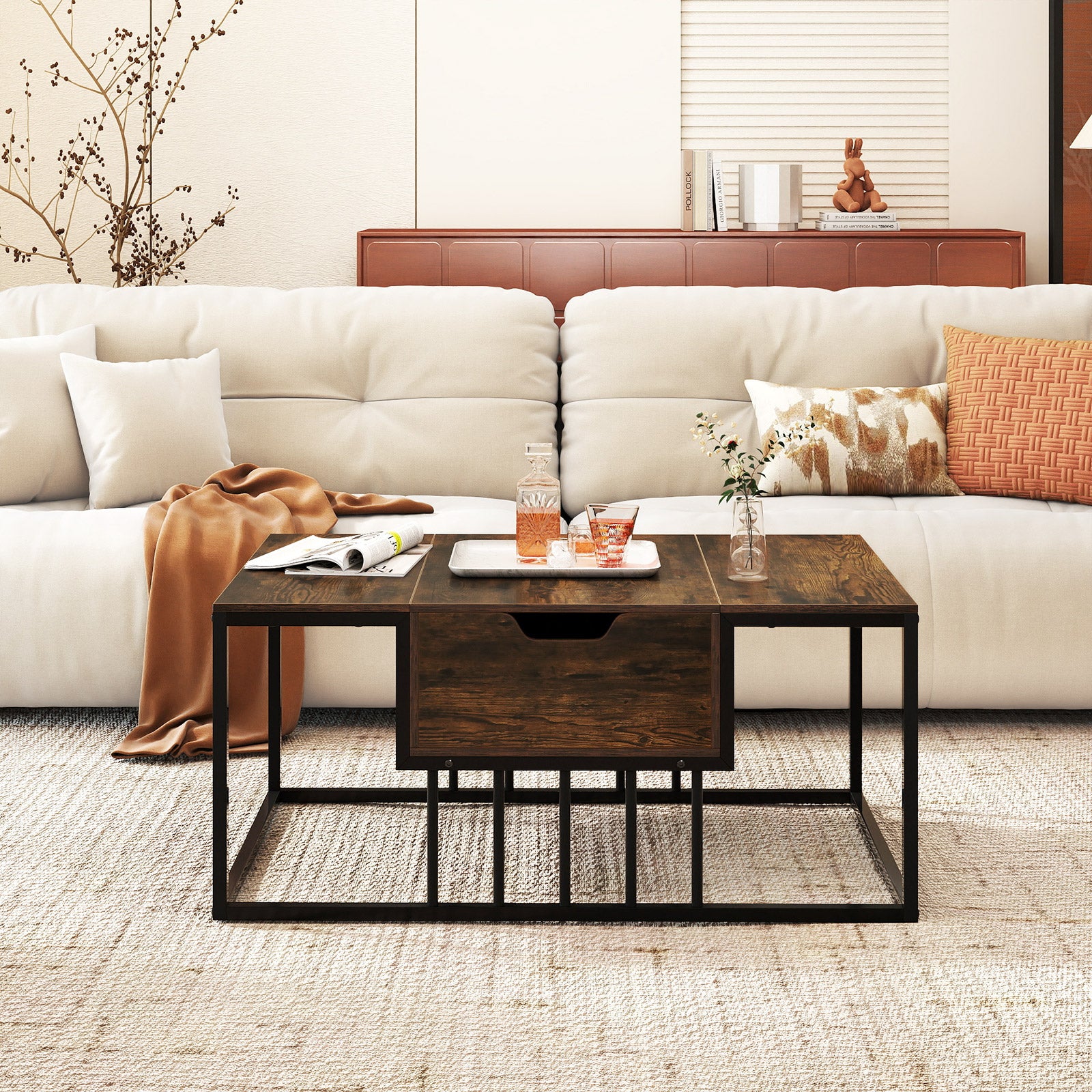 Lift Top Coffee Table Modern Center Table with Hidden Storage Compartment-Rusitc Brown