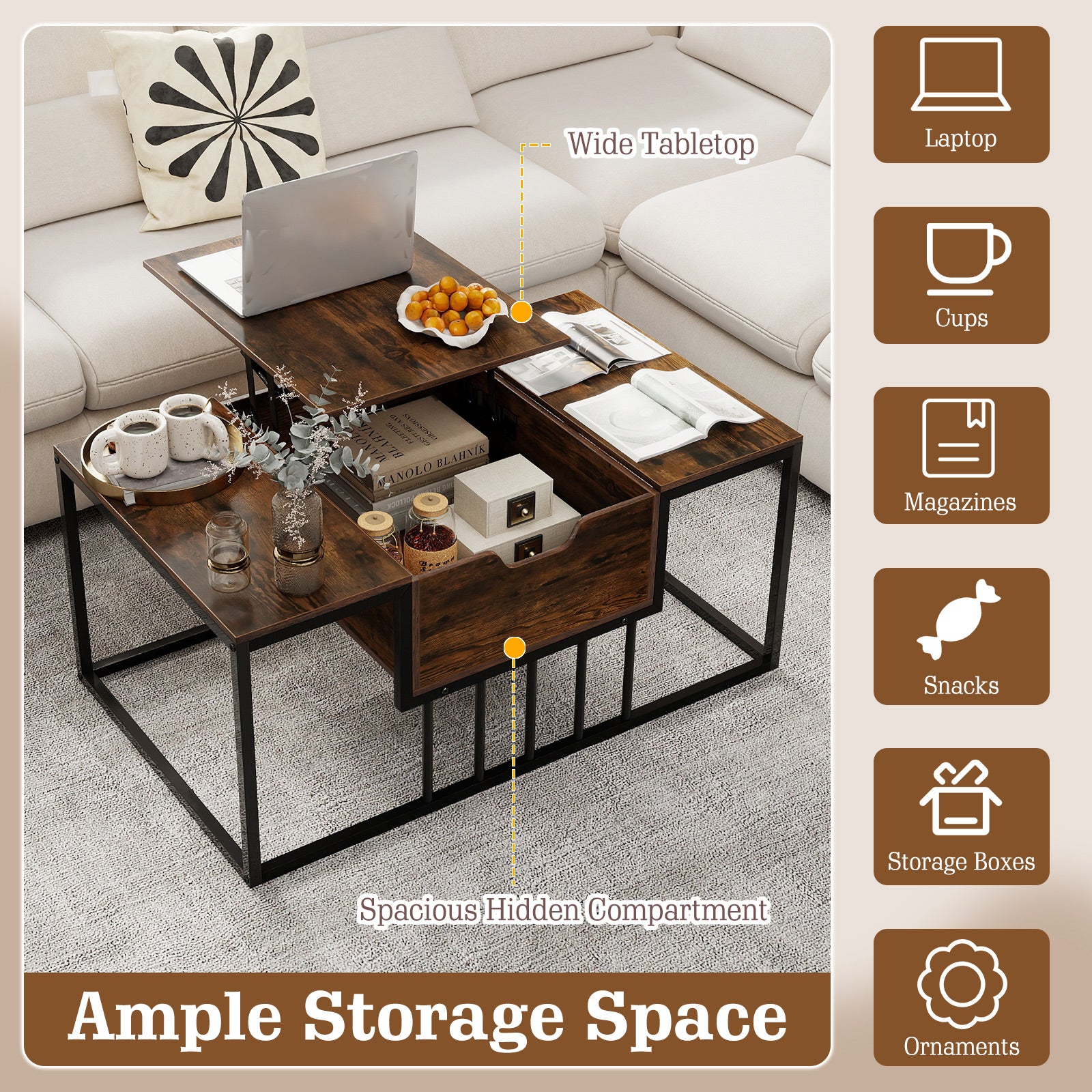 Lift Top Coffee Table Modern Center Table with Hidden Storage Compartment-Rusitc Brown