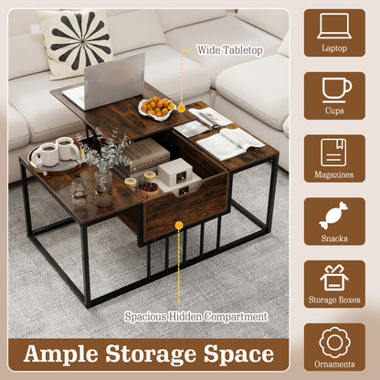 Lift Top Coffee Table Modern Center Table with Hidden Storage Compartment-Rusitc Brown