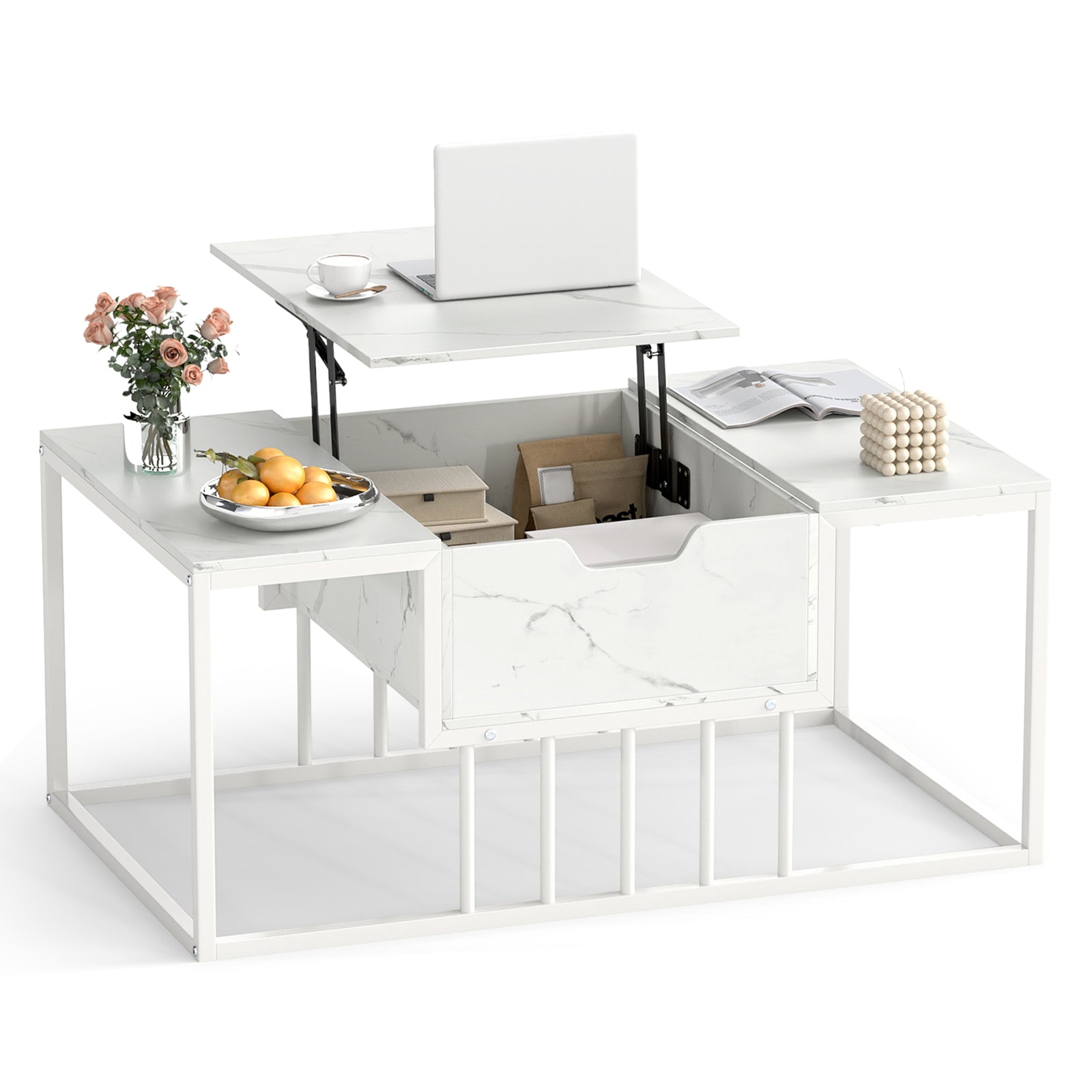 Lift Top Coffee Table Modern Center Table with Hidden Storage Compartment-White