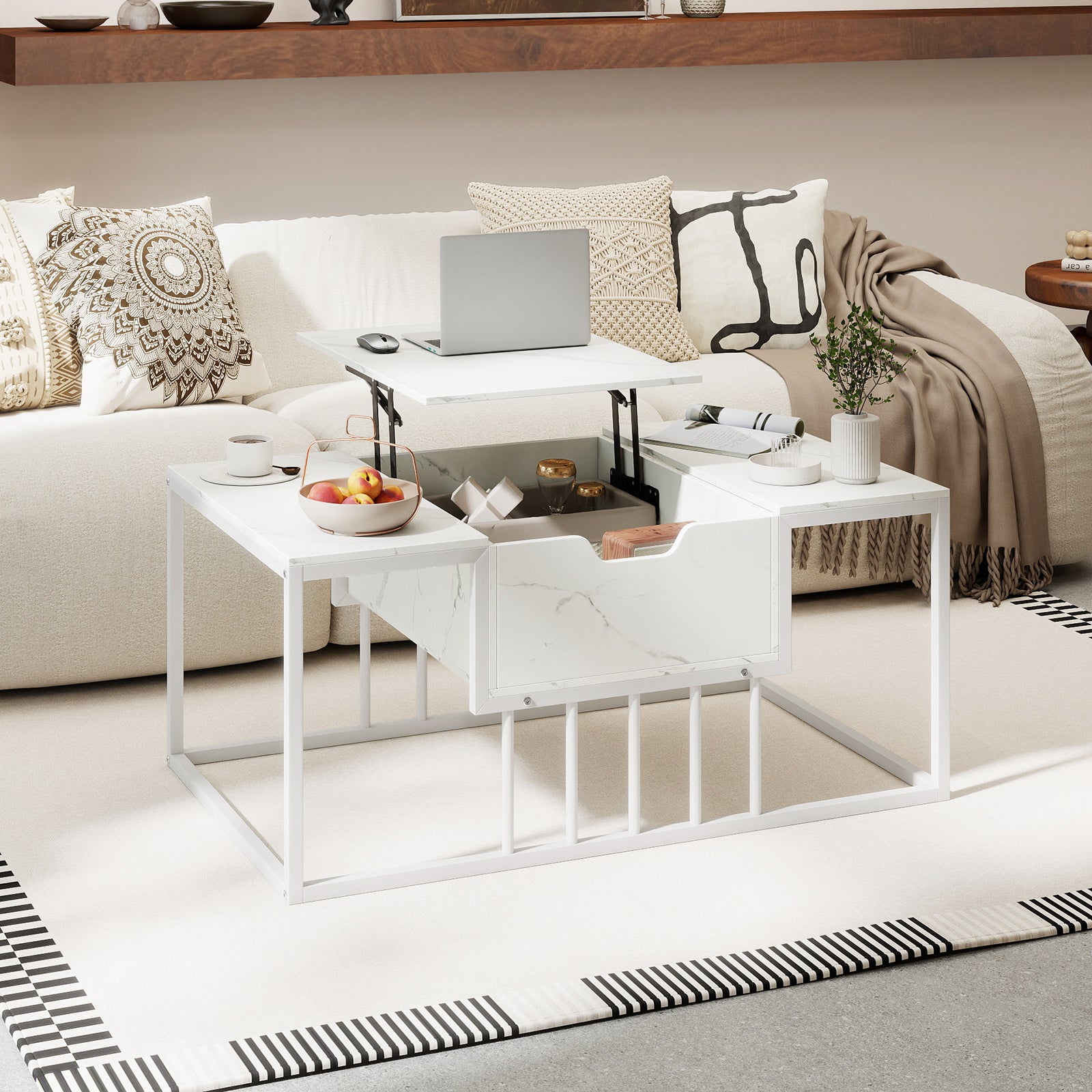 Lift Top Coffee Table Modern Center Table with Hidden Storage Compartment-White