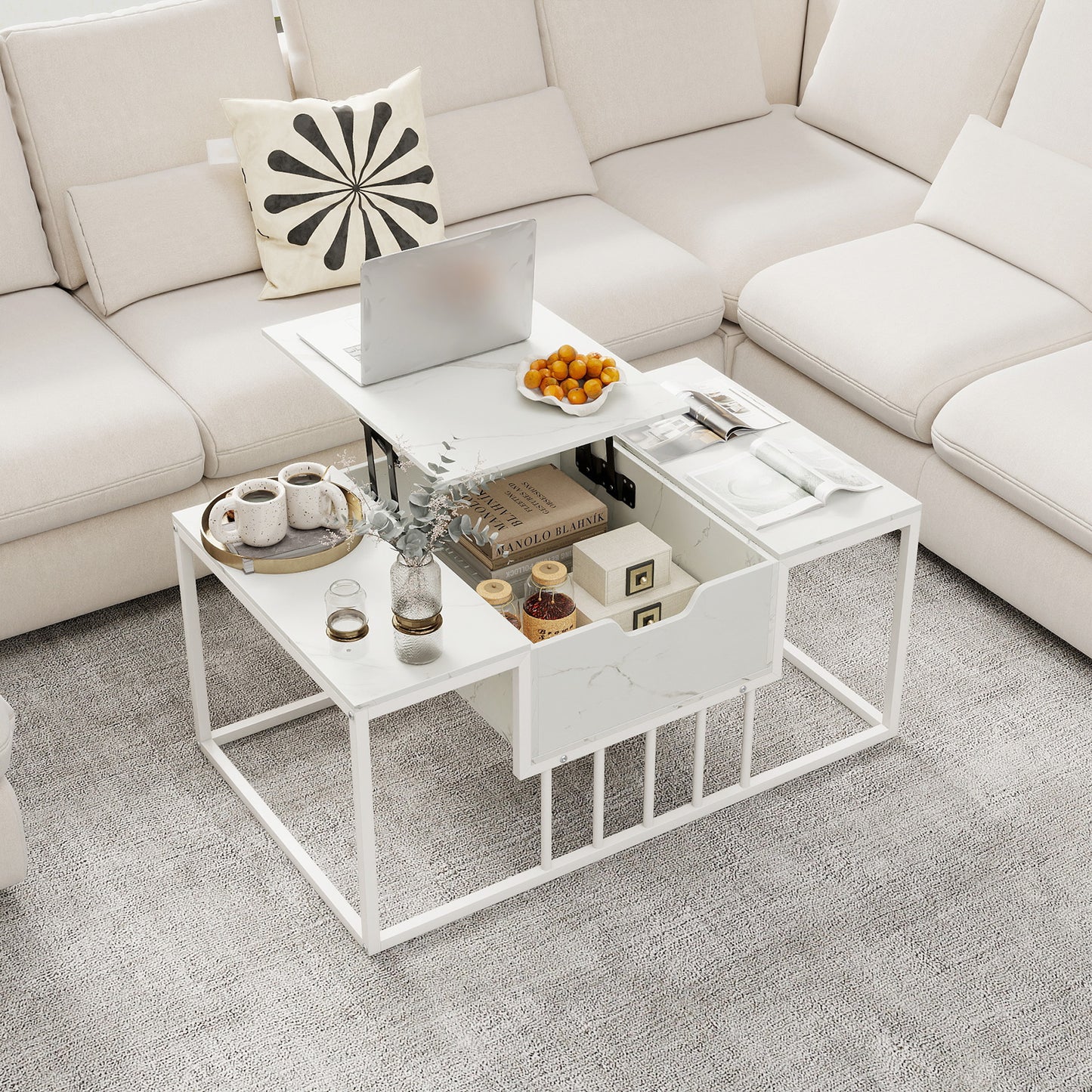 Lift Top Coffee Table Modern Center Table with Hidden Storage Compartment-White