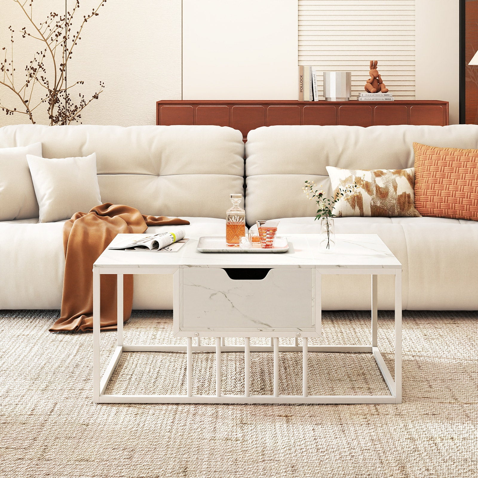 Lift Top Coffee Table Modern Center Table with Hidden Storage Compartment-White
