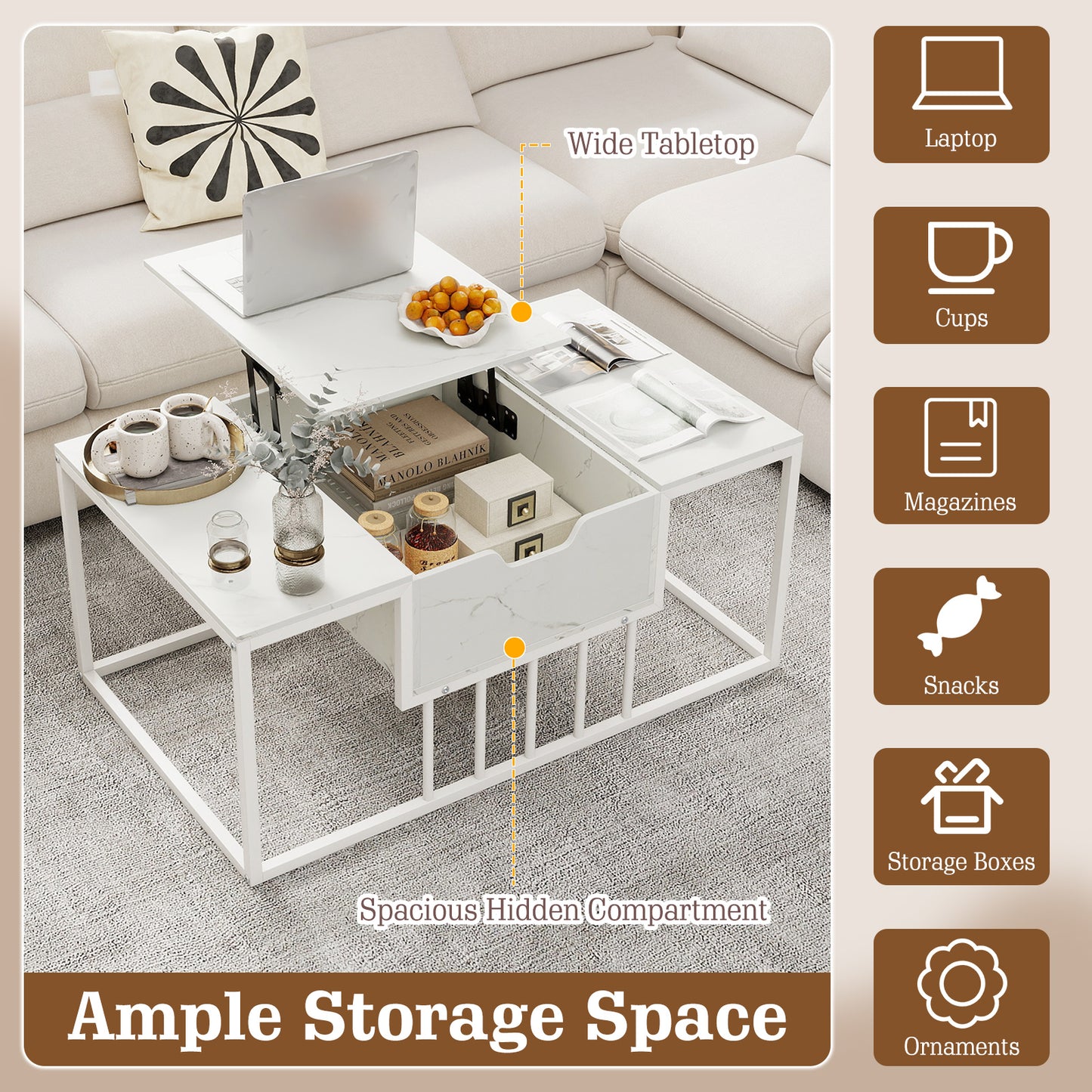 Lift Top Coffee Table Modern Center Table with Hidden Storage Compartment-White