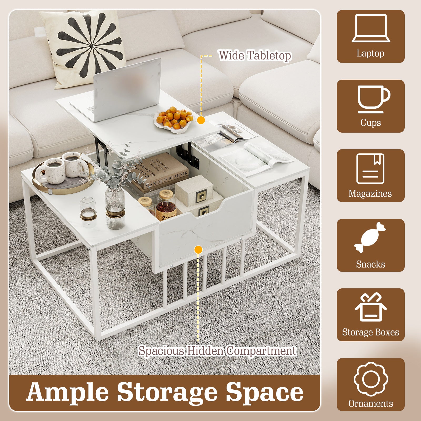 Lift Top Coffee Table Modern Center Table with Hidden Storage Compartment-White