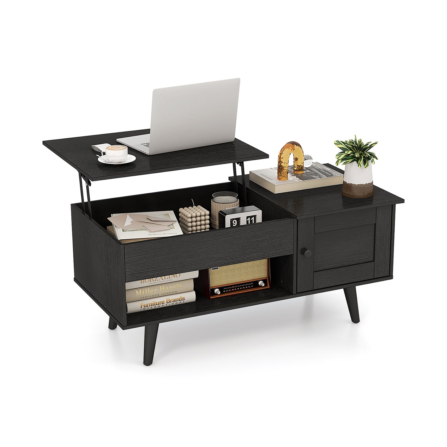 Lift Top Coffee Table with Storage and Hidden Compartment-Black - Black