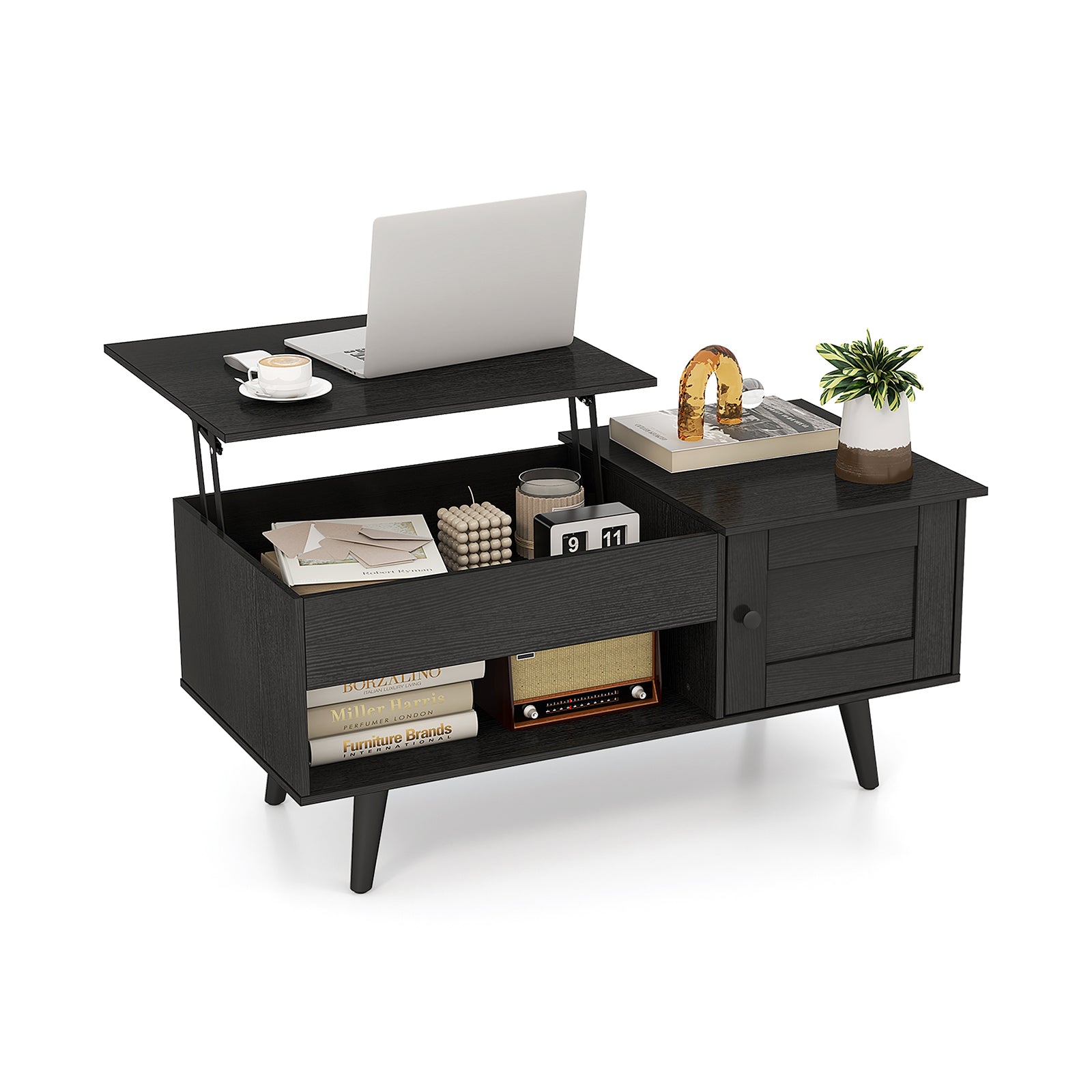 Lift Top Coffee Table with Storage and Hidden Compartment-Black - Black