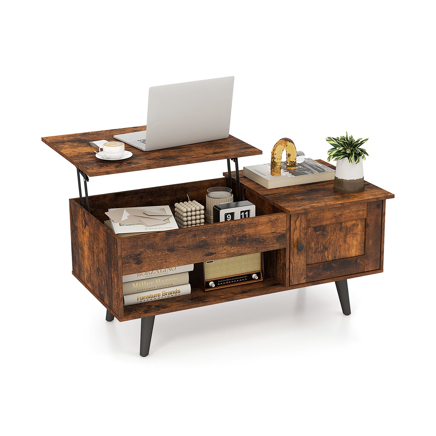 Lift Top Coffee Table with Storage and Hidden Compartment-Black - Rustic Brown