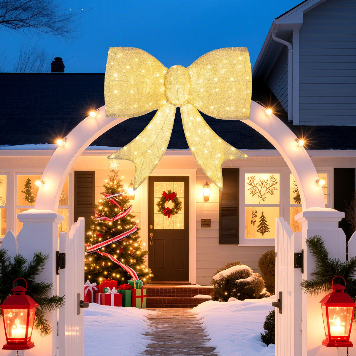 Lighted Christmas Bow Decoration with Warm White LED Lights-Golden