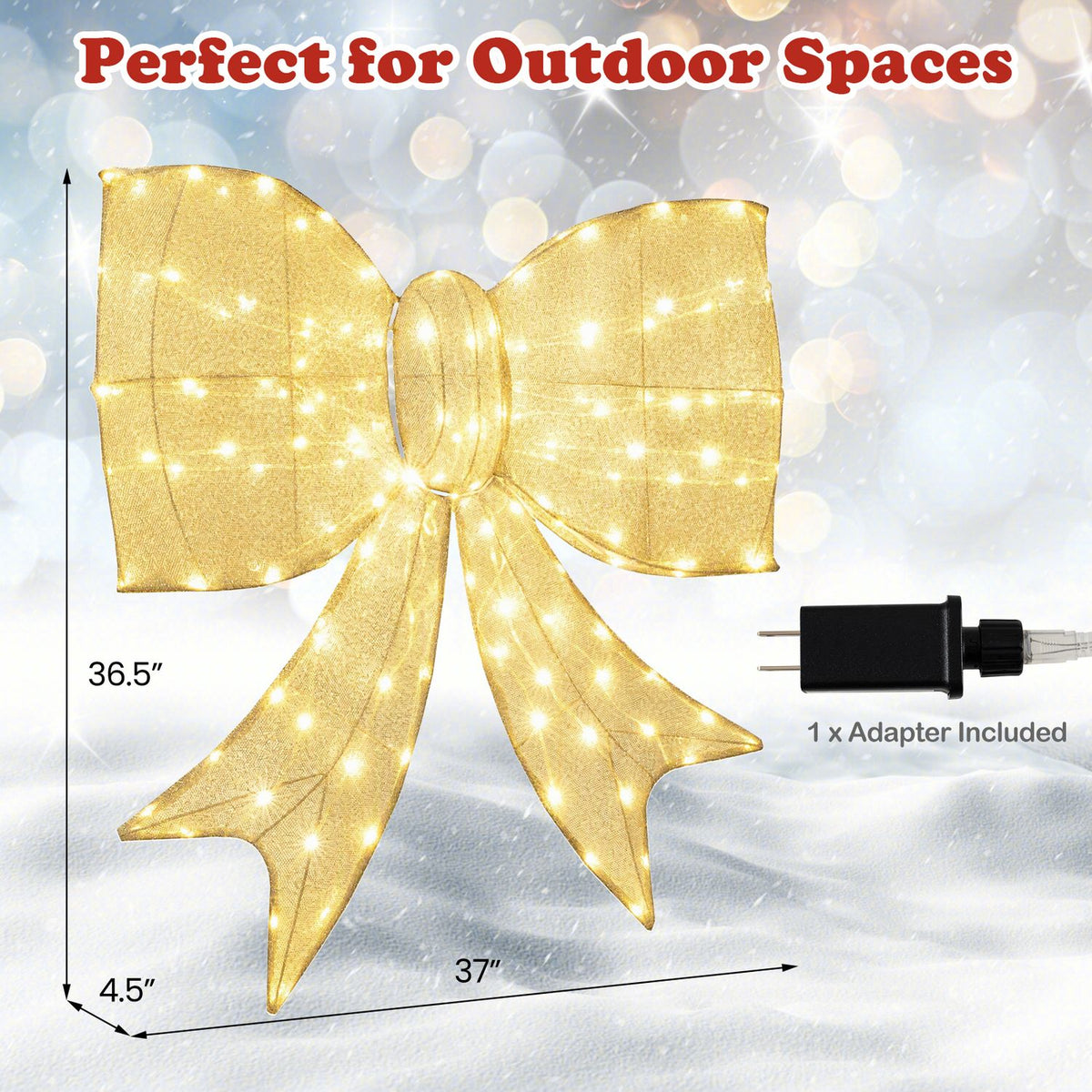 Lighted Christmas Bow Decoration with Warm White LED Lights-Golden