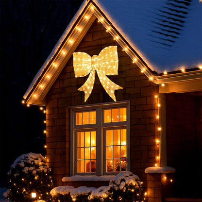 Lighted Christmas Bow Decoration with Warm White LED Lights-Golden