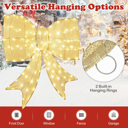 Lighted Christmas Bow Decoration with Warm White LED Lights-Golden