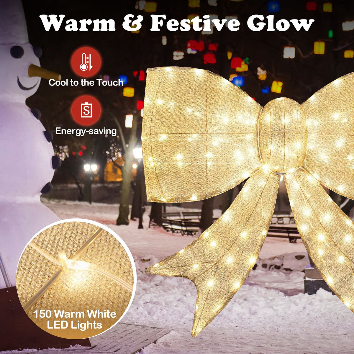 Lighted Christmas Bow Decoration with Warm White LED Lights-Golden