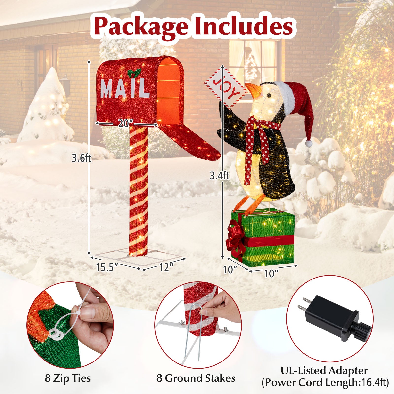 Lighted Christmas Decoration Mailbox and Penguin 3D Pre-Lit Xmas Holiday Decoration