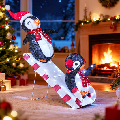 Lighted Christmas Decoration Penguins 3D Pre-Lit Penguins Slide with 170 LED Lights