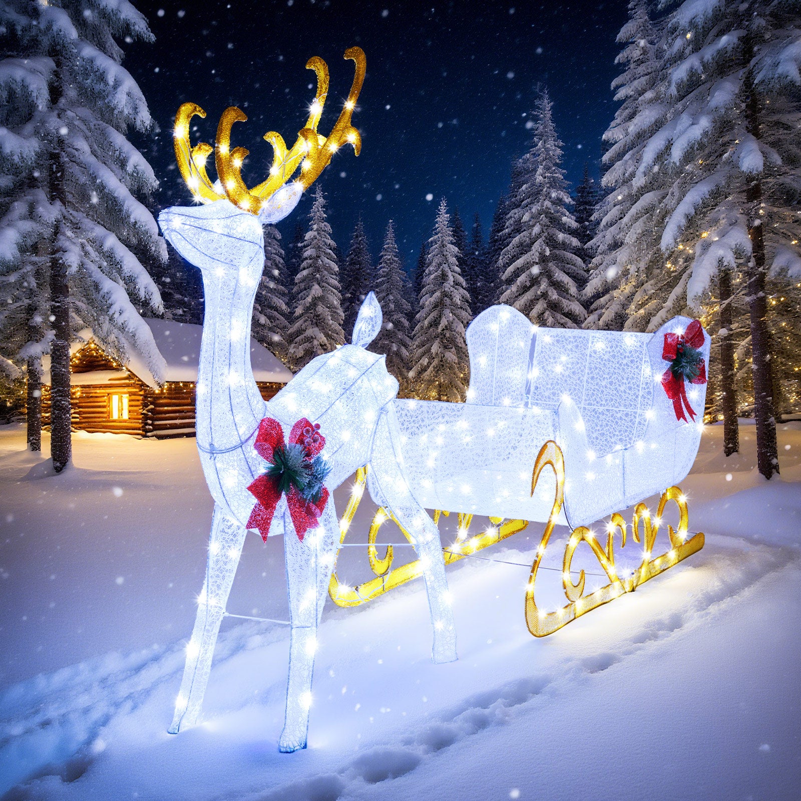 6 Feet Christmas Lighted Reindeer and Santa's Sleigh Decoration with 4 Stakes-White
