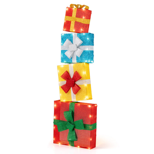 Lighted Gift Boxes Christmas Decoration 2D Set of 4 Pre-Lit Stacked Xmas Gift Boxes