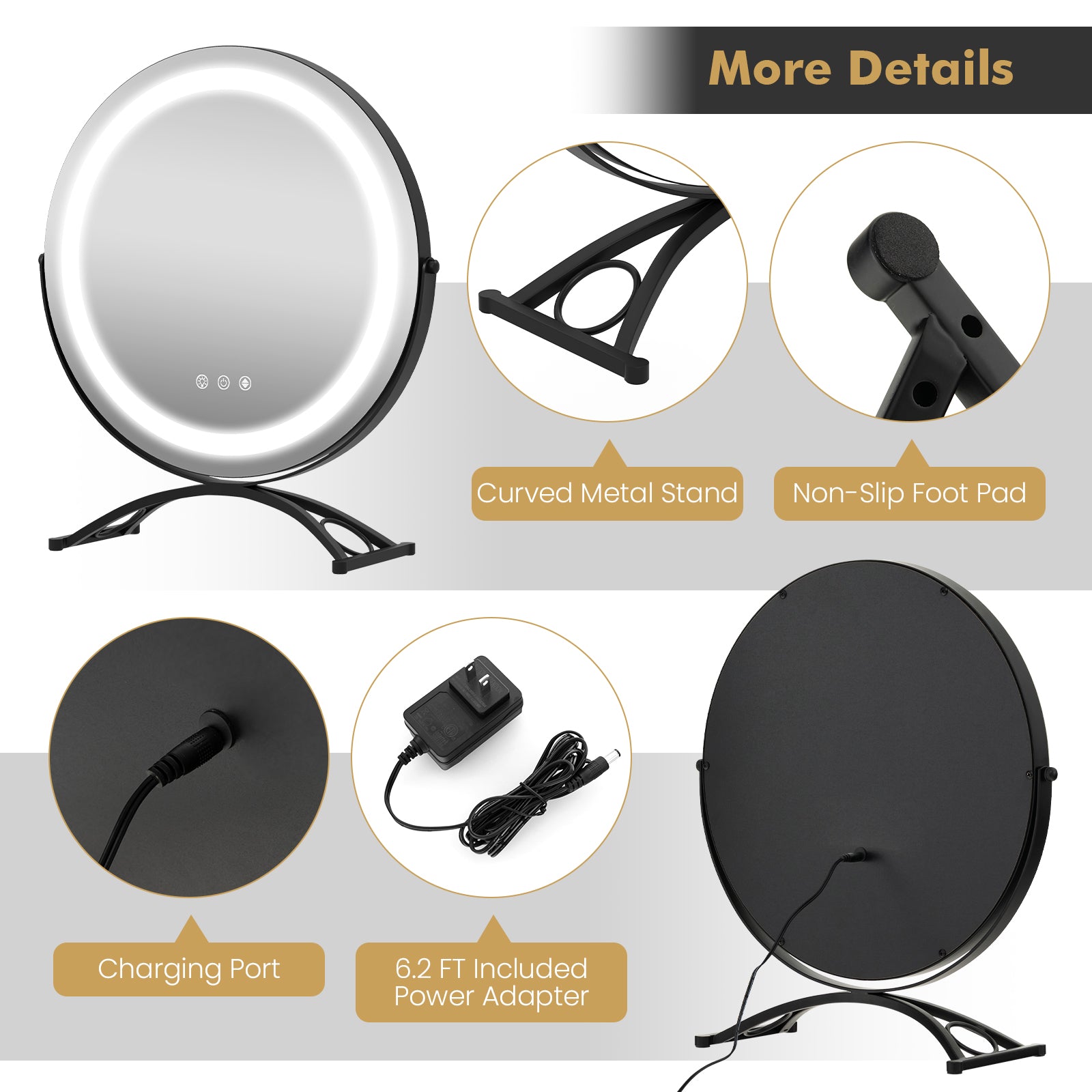 16 x 16 Inch Round LED Vanity Mirror with 3-Color Lighting and Brightness Dimming-Black