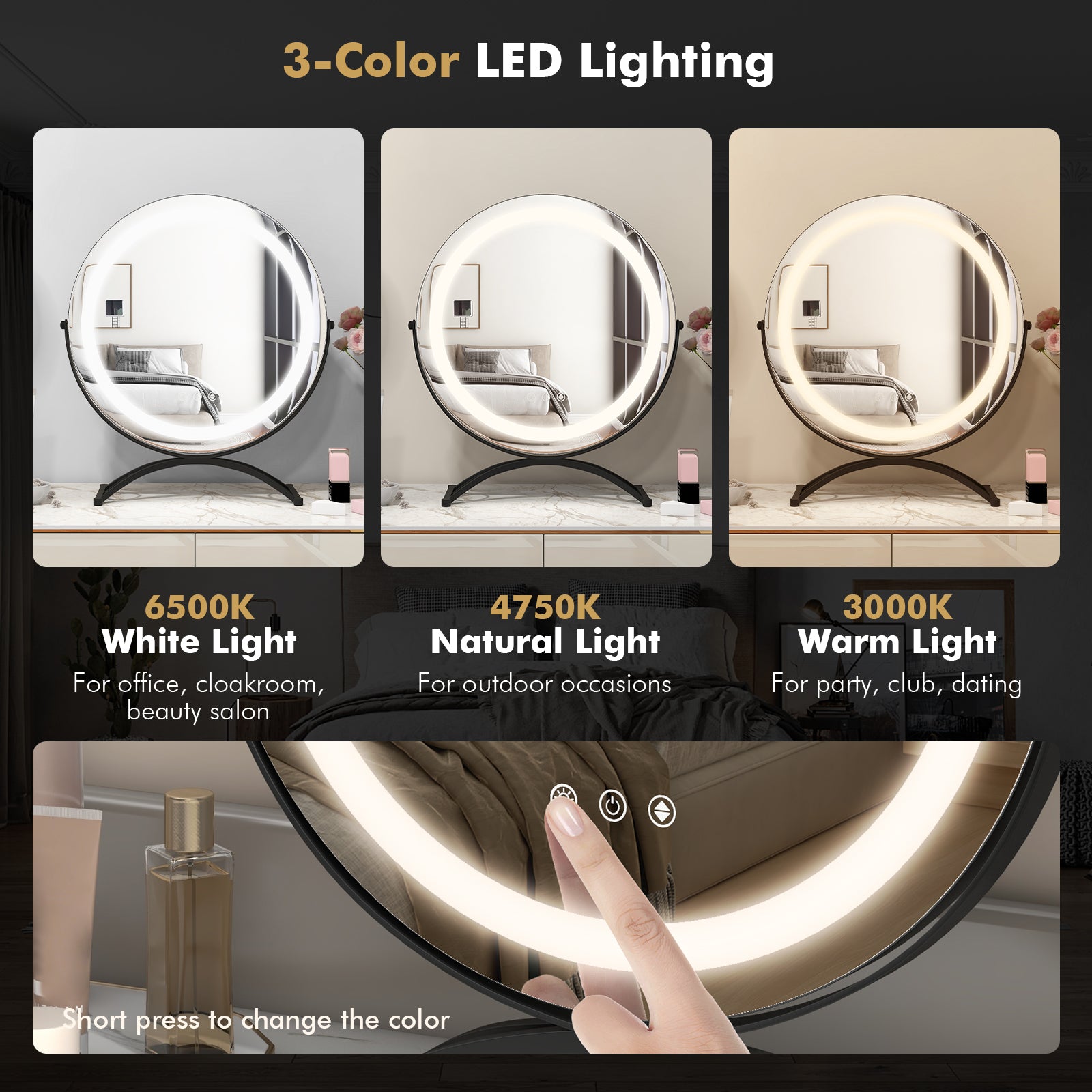 16 x 16 Inch Round LED Vanity Mirror with 3-Color Lighting and Brightness Dimming-Black