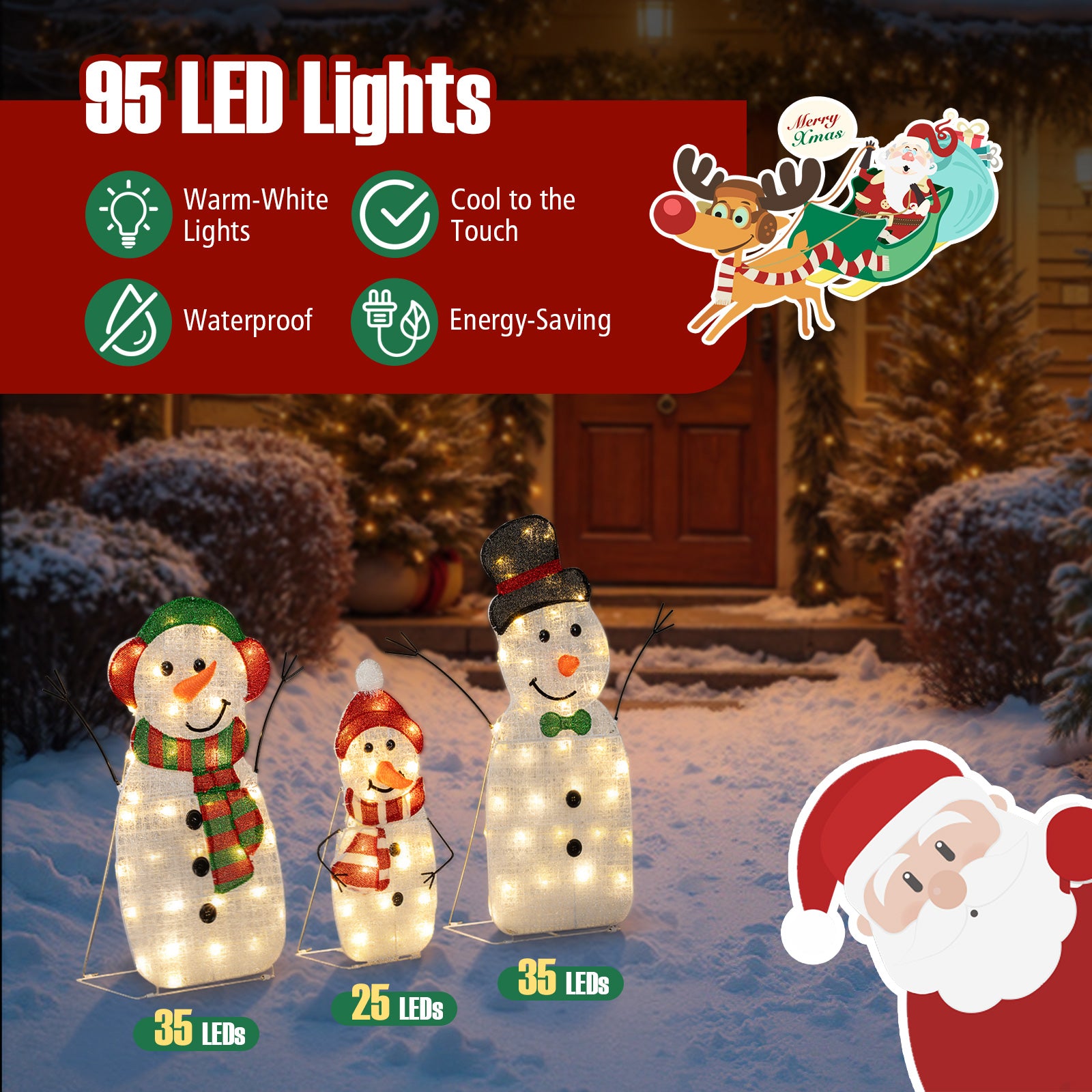 Lighted Snowman Family Christmas Decoration 3-Piece Pre-Lit 2D Snowman Set