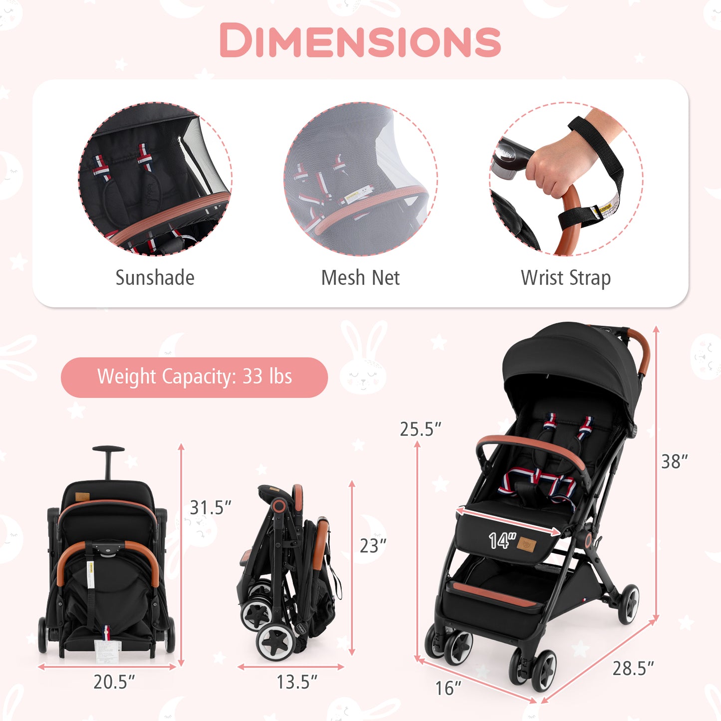Lightweight Aluminium Frame Baby Stroller with Net-Pink - Black
