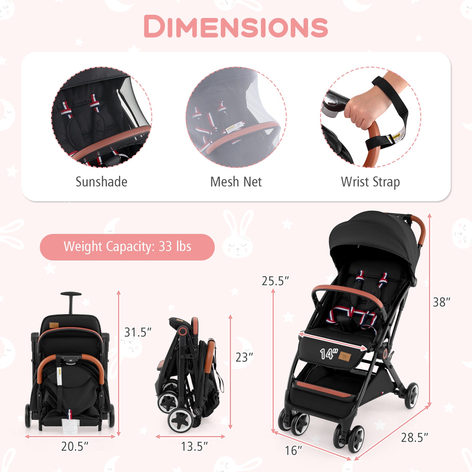 Lightweight Aluminium Frame Baby Stroller with Net-Pink - Black