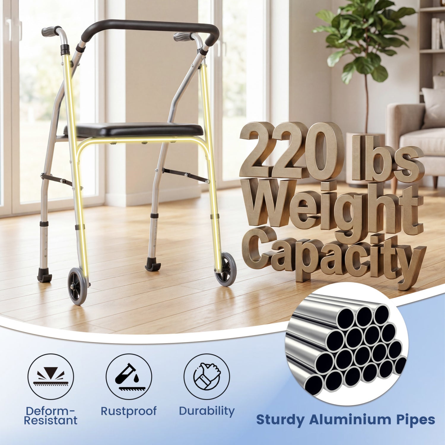 Lightweight Aluminum Mobility Walker for Seniors with 2 Wheels 5-Level Adjustable Height and Padded Seat
