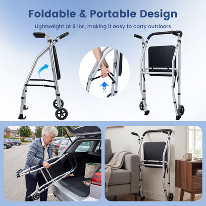 Lightweight Aluminum Mobility Walker for Seniors with 2 Wheels 5-Level Adjustable Height and Padded Seat