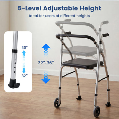 Lightweight Aluminum Mobility Walker for Seniors with 2 Wheels 5-Level Adjustable Height and Padded Seat