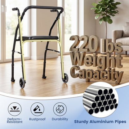 Lightweight Aluminum Mobility Walker for Seniors with 2 Wheels 5-Level Adjustable Height and Padded Seat