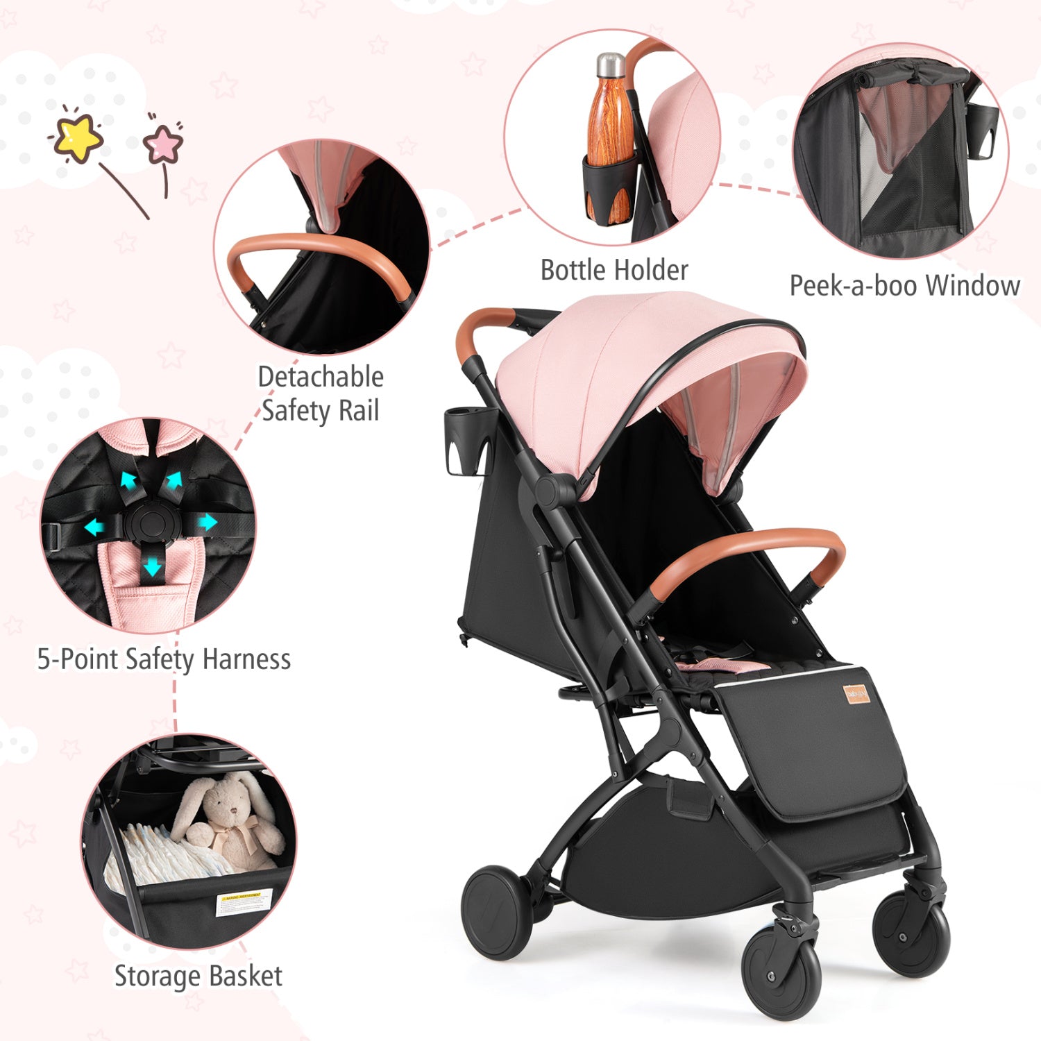 Lightweight Baby Stroller Compact Travel Stroller with One-Hand Folding-Pink