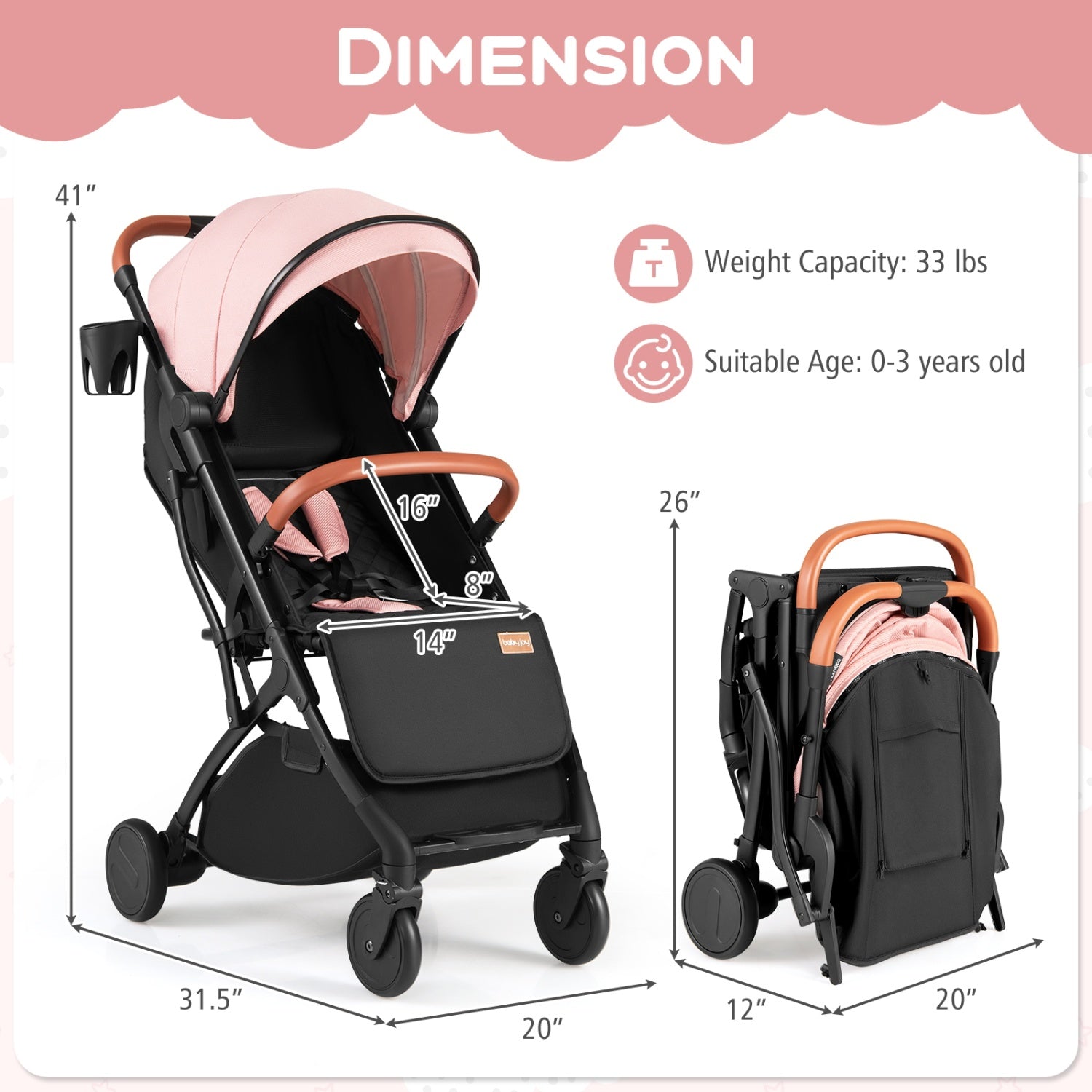 Lightweight Baby Stroller Compact Travel Stroller with One-Hand Folding-Pink