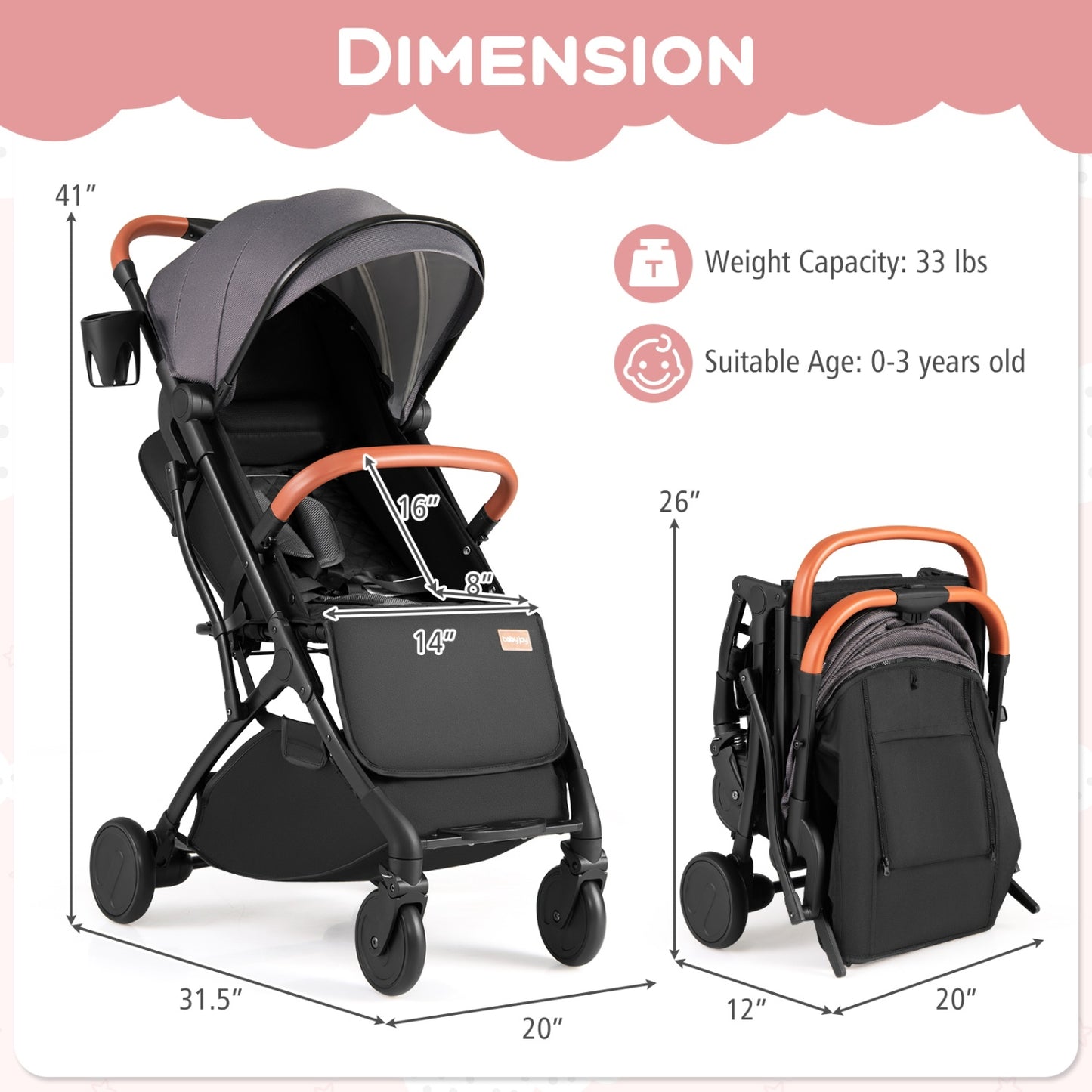 Lightweight Baby Stroller Compact Travel Stroller with One-Hand Folding-Gray