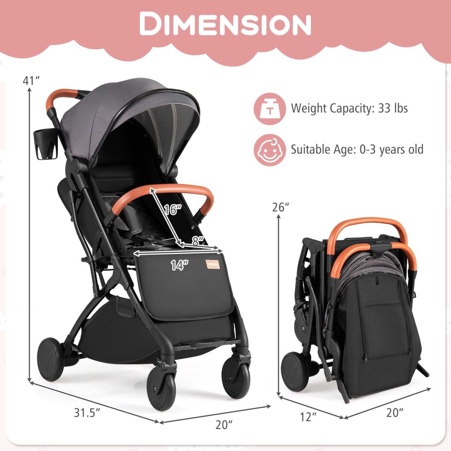 Lightweight Baby Stroller Compact Travel Stroller with One-Hand Folding-Gray