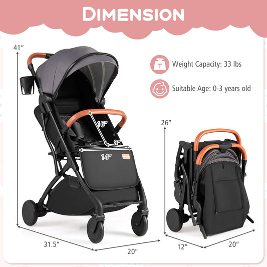 Lightweight Baby Stroller Compact Travel Stroller with One-Hand Folding-Gray