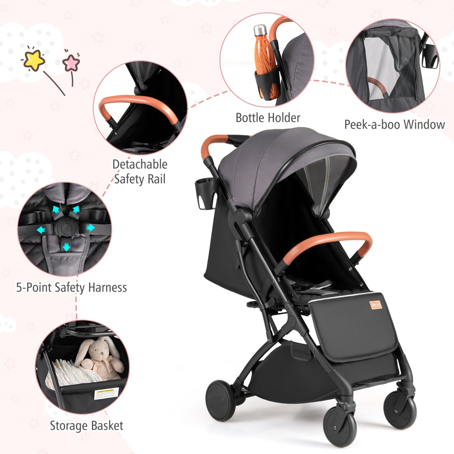 Lightweight Baby Stroller Compact Travel Stroller with One-Hand Folding-Gray