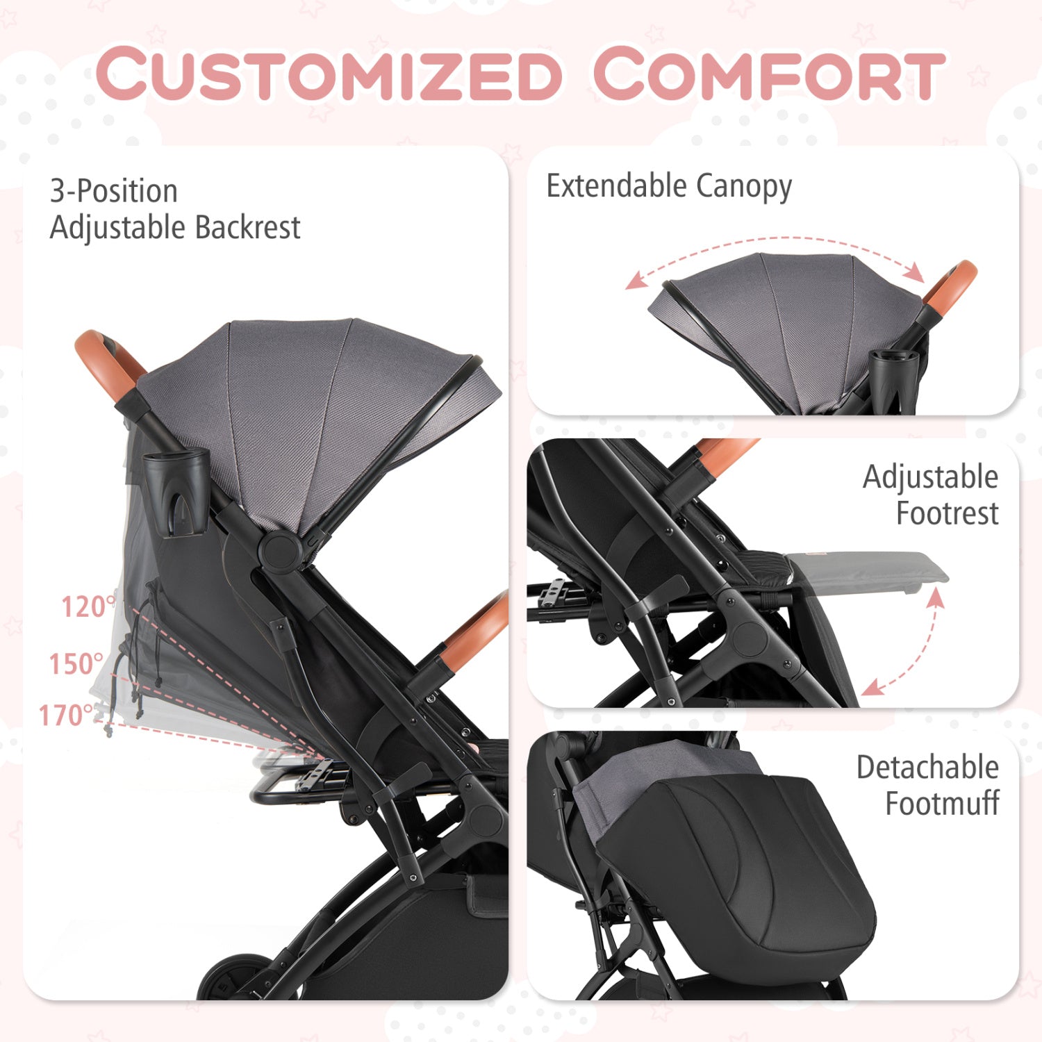 Lightweight Baby Stroller Compact Travel Stroller with One-Hand Folding-Gray