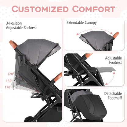 Lightweight Baby Stroller Compact Travel Stroller with One-Hand Folding-Gray