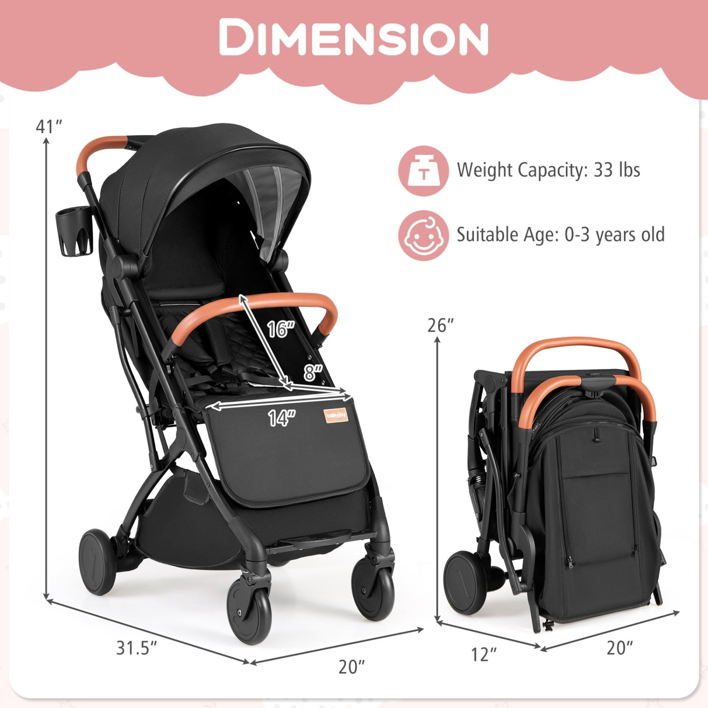 Lightweight Baby Stroller Compact Travel Stroller with One-Hand Folding-Black