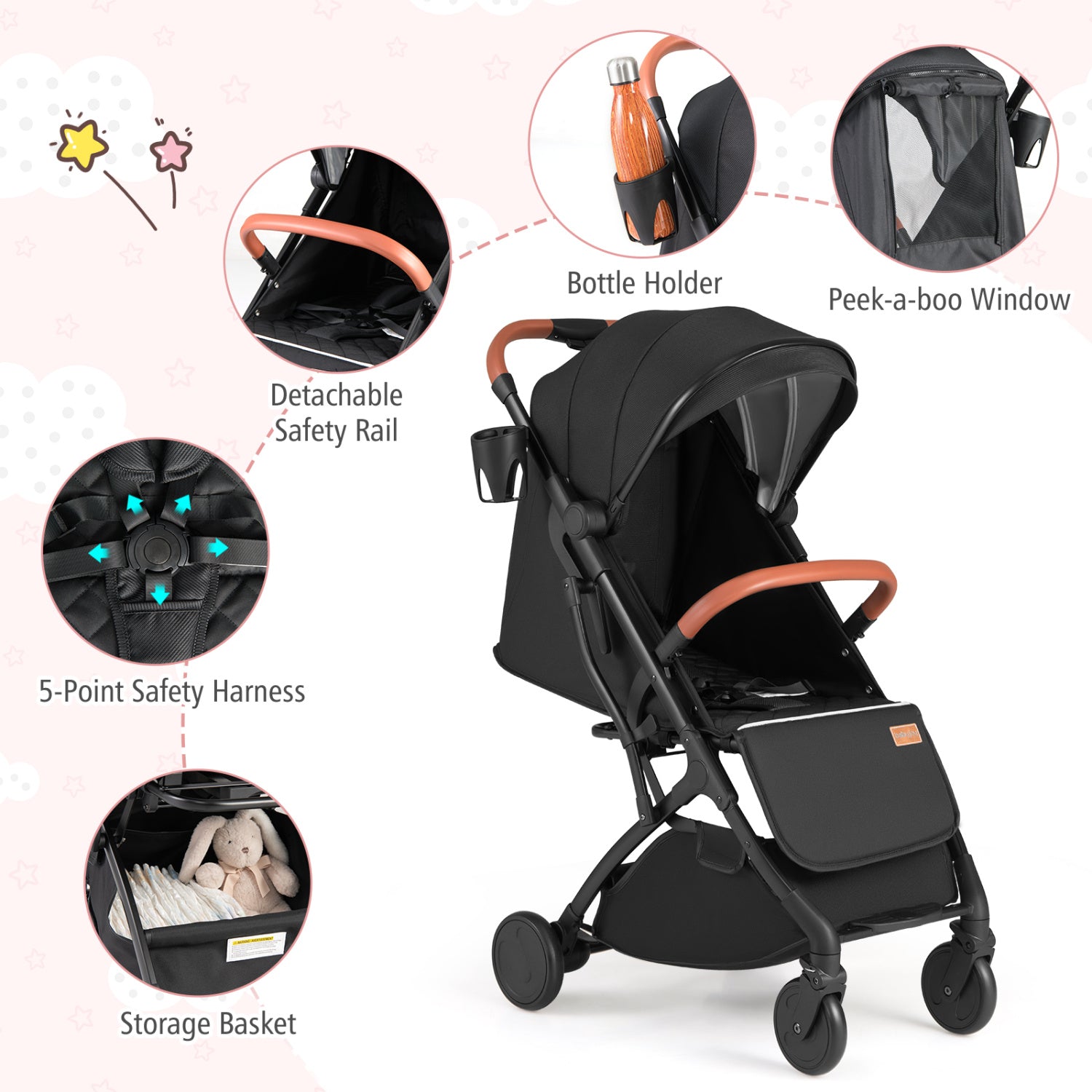 Lightweight Baby Stroller Compact Travel Stroller with One-Hand Folding-Black