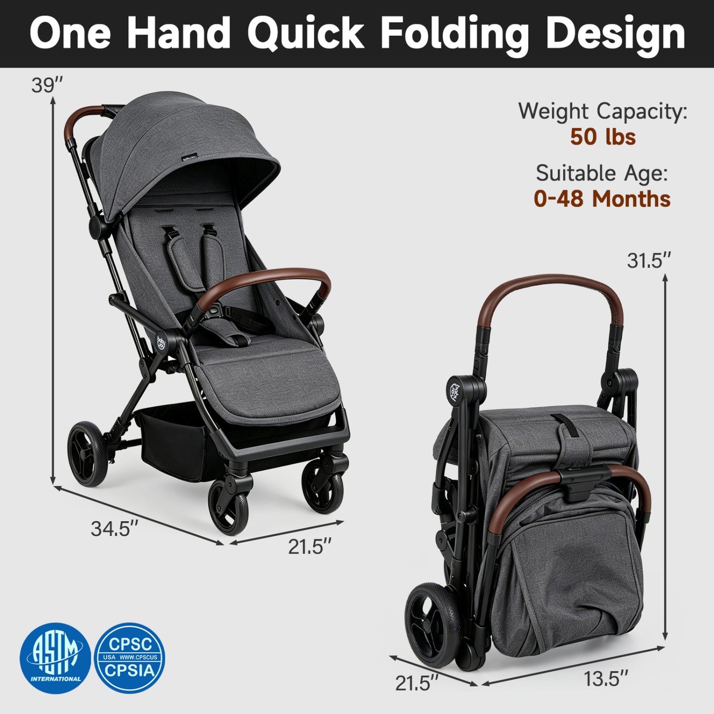 Lightweight Baby Stroller with One-Hand Folding and Canopy