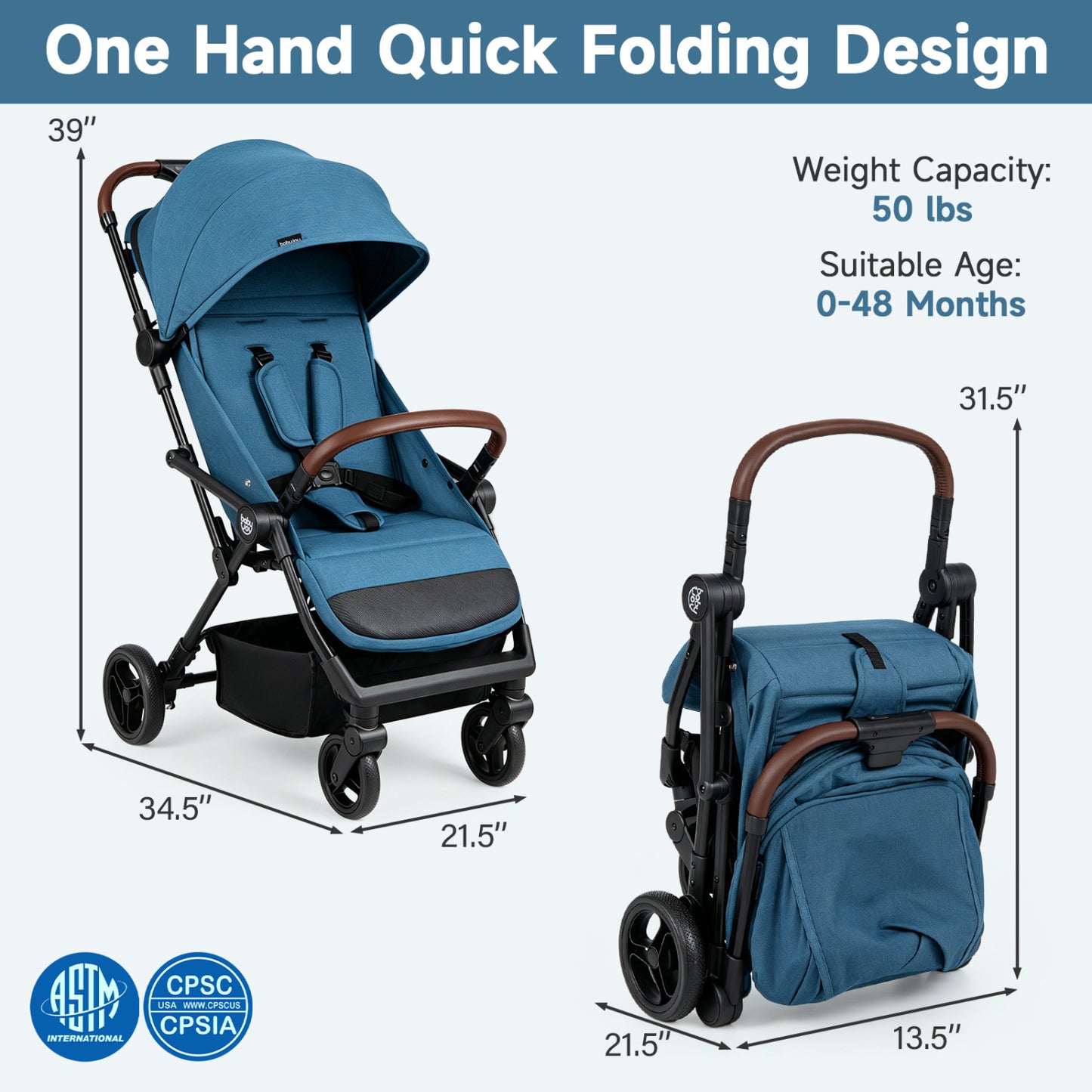Lightweight Baby Stroller with One-Hand Folding and Canopy