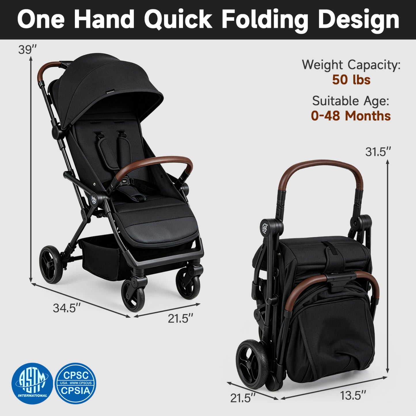Lightweight Baby Stroller with One-Hand Folding and Canopy