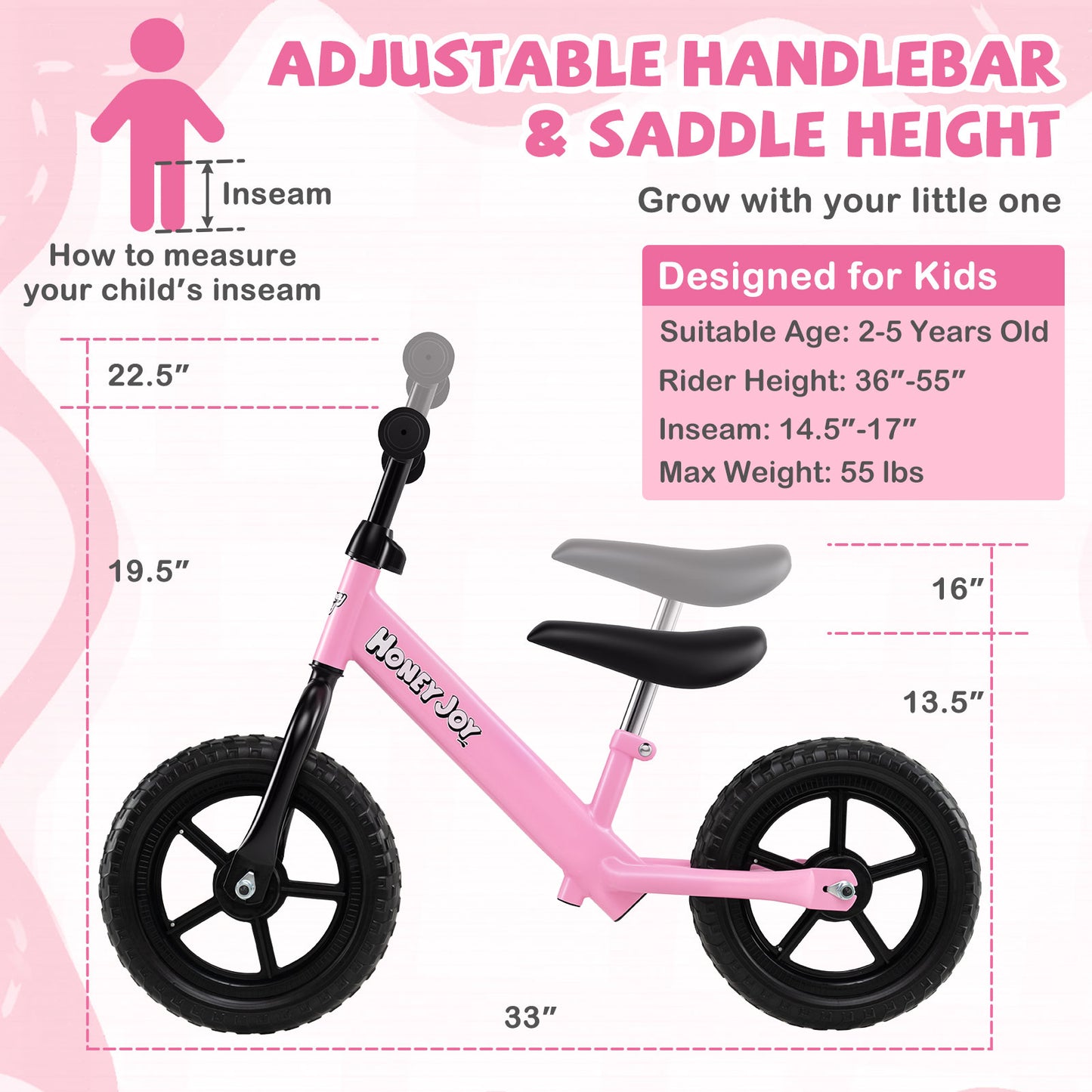 Lightweight Toddler Balance Bike No Pedal Training Bicycle-Pink