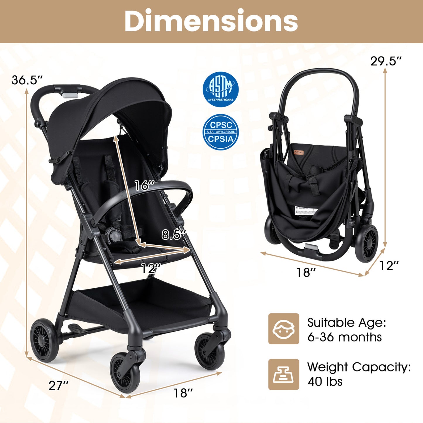 Lightweight Travel Stroller with Canopy and Storage Basket